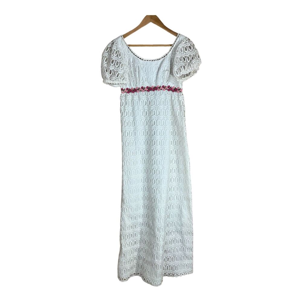Vintage 70s White Lace Empire Waist Flower Dress Maxi Wedding Prairie Boho XS